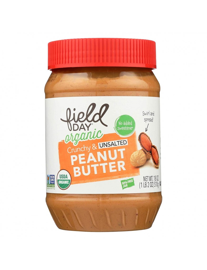 Field Day Organic Easy Spread Peanut Butter, Crunchy, No Salt (12x18Oz)