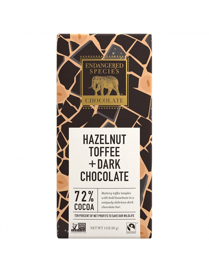 Endangered Species Dark Chocolate Bar Hazelnut Toffee Rhino (12x3 Oz)